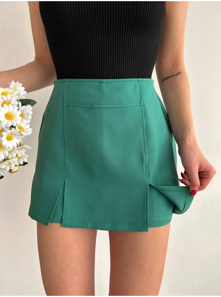 Çift yırtmaçlı atlas şort etek yeşil s240364