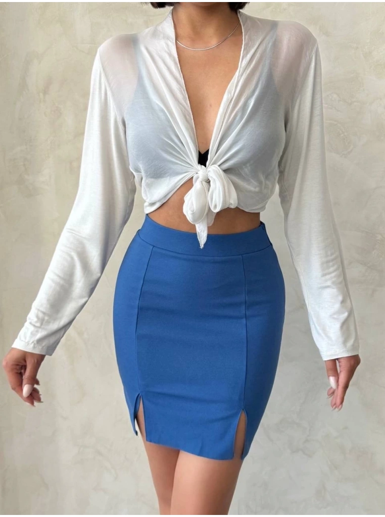 Çift yırtmaçlı etek indigo s25910