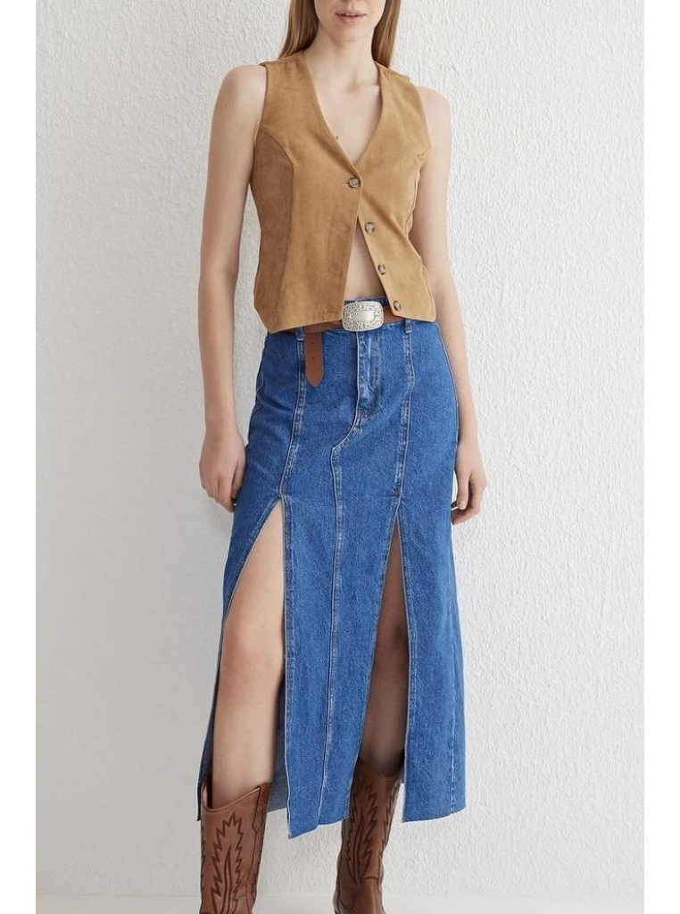 Çift yırtmaçlı jean etek s140