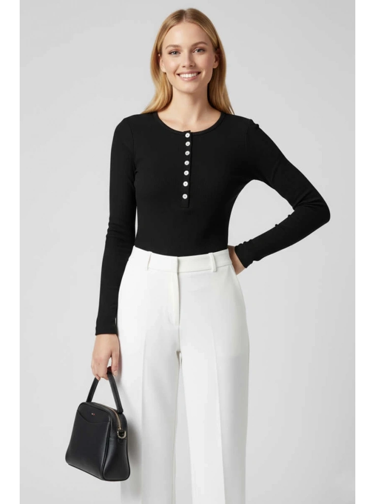 Çıtçıt Detaylı Bluz Siyah T4343