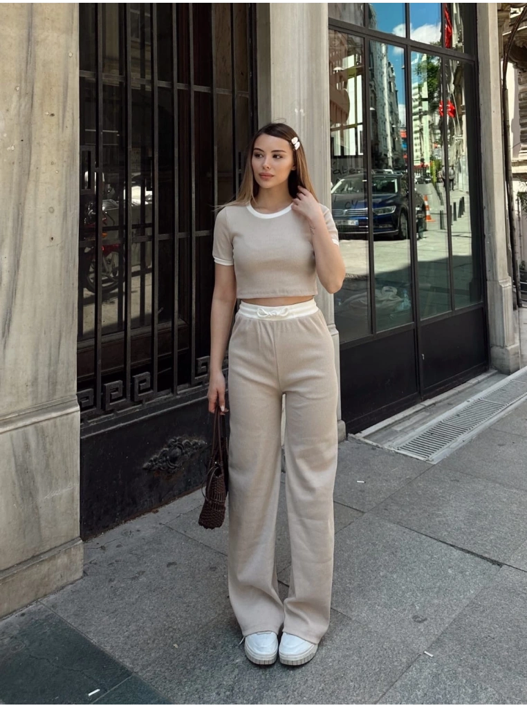 Crop pantolon biyeli takım bej