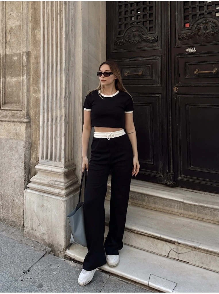 Crop pantolon biyeli takım siyah