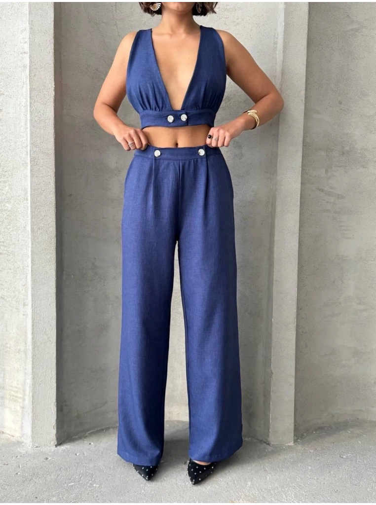 Crop pantolon keten takım s255012