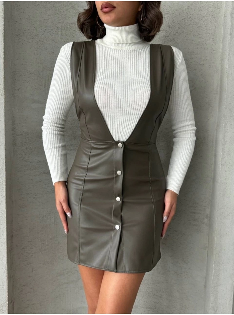 Deri jile elbise haki w24796