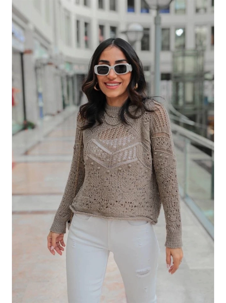 Desenli triko kazak gri