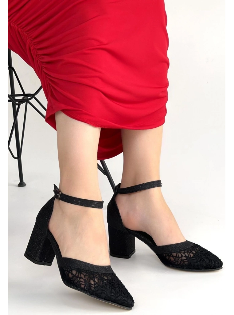 Dmop Siyah Cilt Simli Tül Detaylı Topuklu Ayakkabı