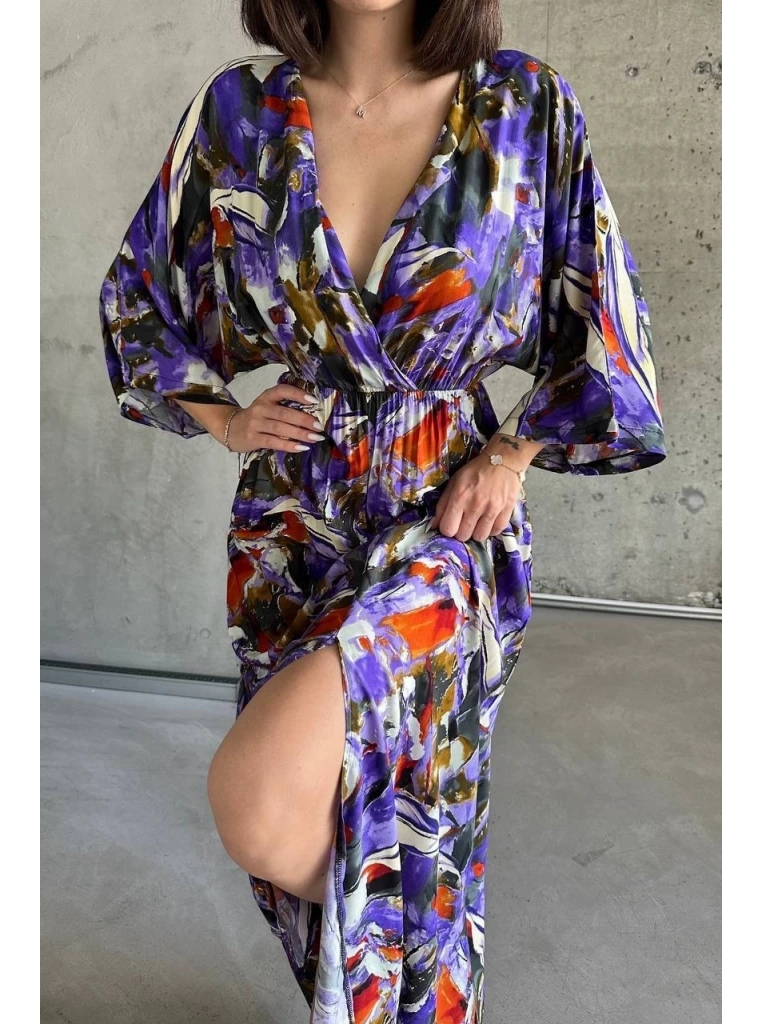 Dokuma baskılı yarasa kol elbise s8124