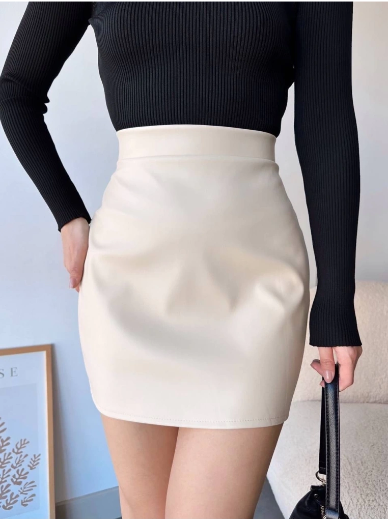 Düz deri etek bej h24468