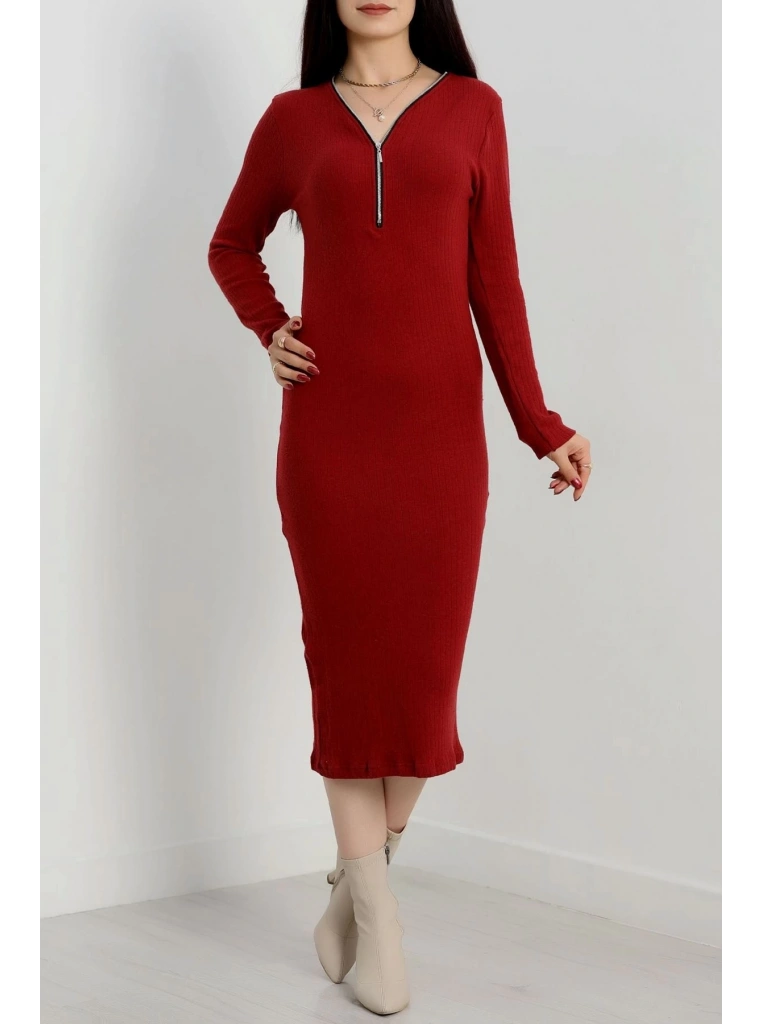 Fermuar detaylı fitilli şardonlu elbise bordo a3178