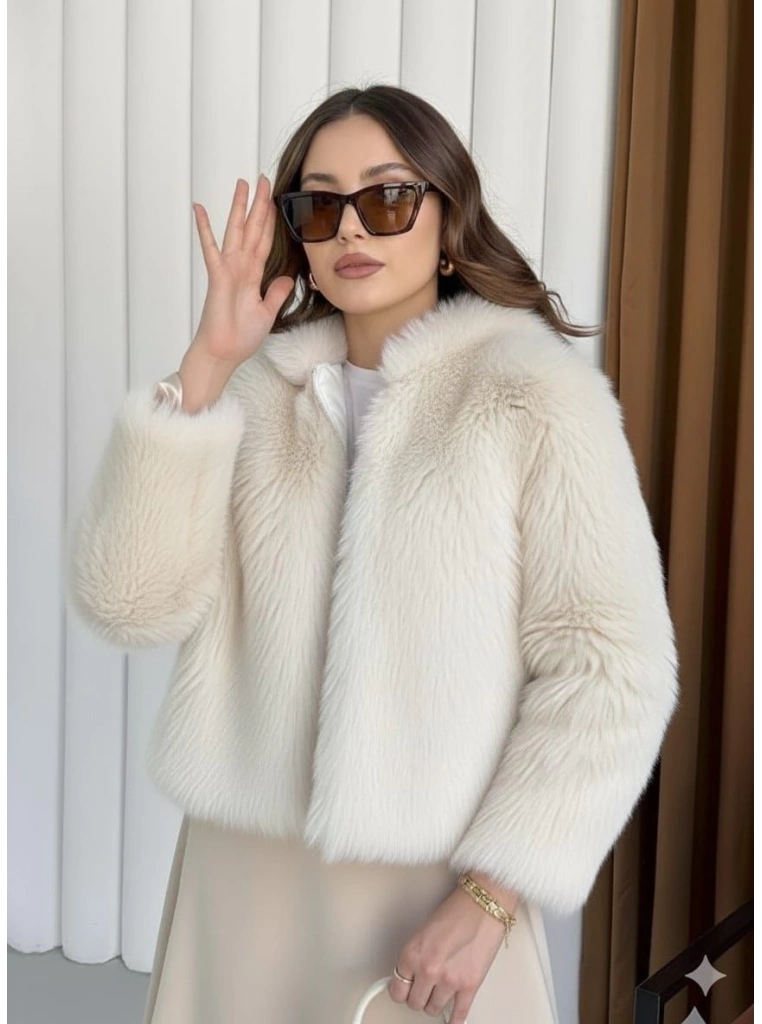 Fermuarlı kısa kürk siyah ekru t7746