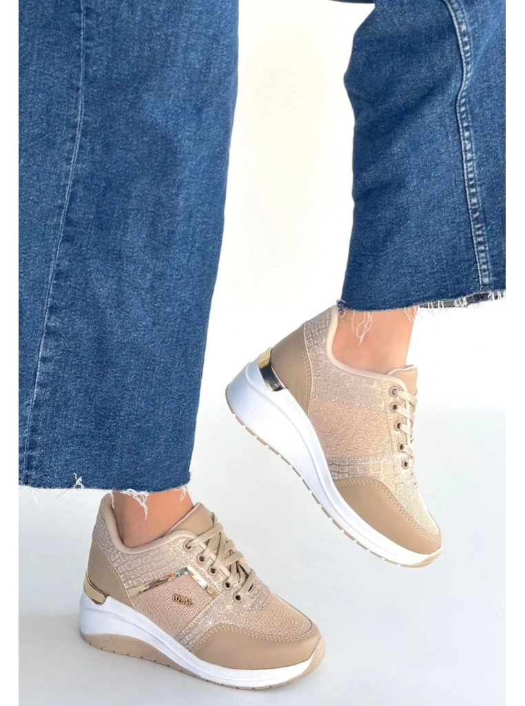 Geja Bej Cilt Bağcıklı Spor Ayakkabı