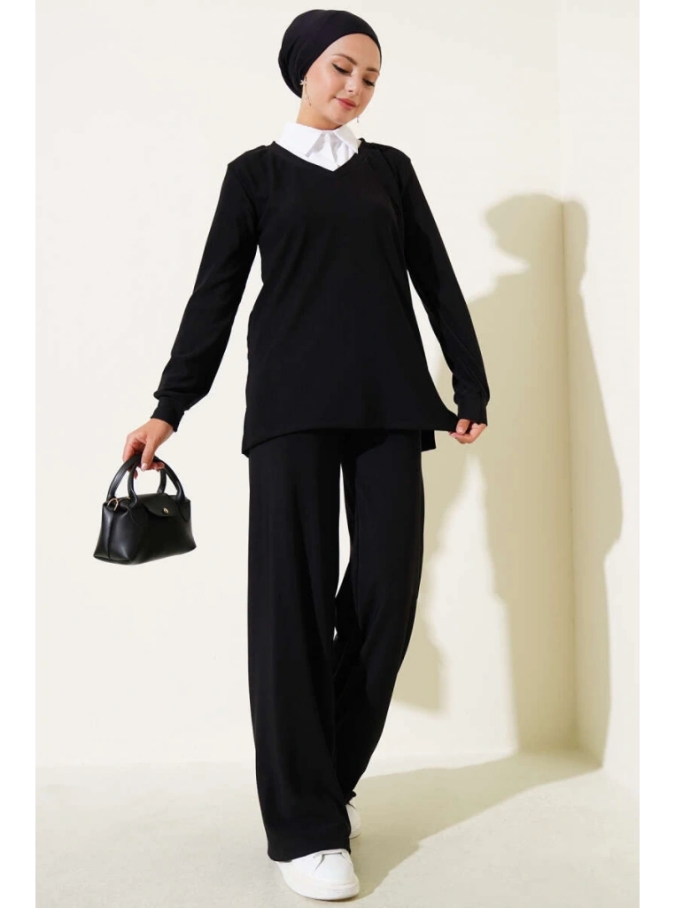 Gömlek Yaka Fitilli Salaş İkili Takım siyah T4300