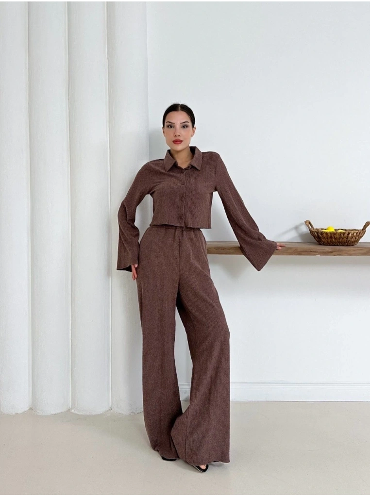 Gömlek yaka kaplama düğmeli takım kahve st265866