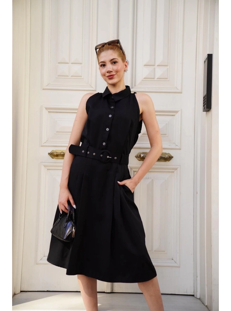 Gömlek yaka kemerli elbise siyah s255061