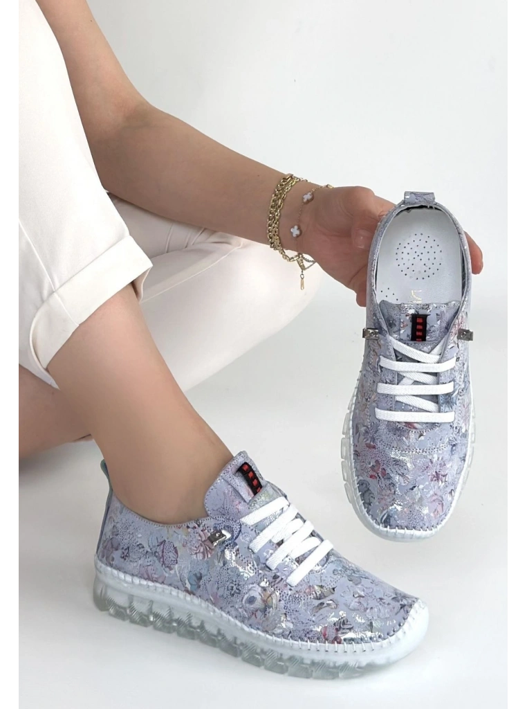 Kinte Lila Desenli Deri Bağcıklı Spor Ayakkabı