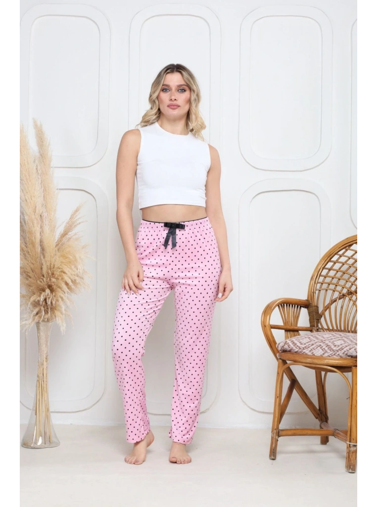 Kadife pijama altı pembe üzerine siyah pontiye desenli q7013