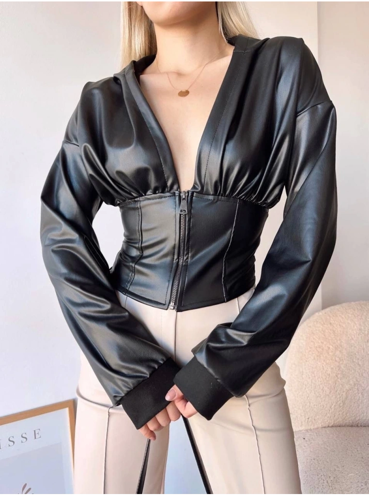 Kapşonlu yarım fermuarlı ceket siyah h24116