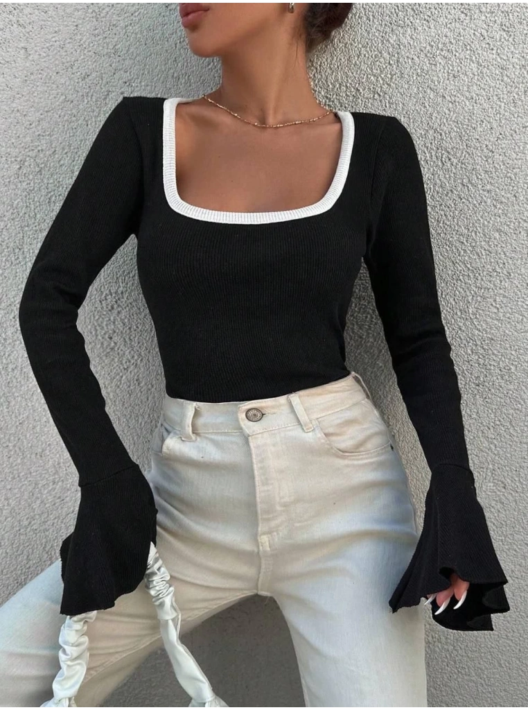 Kare yaka garni detay ispanyol kol bluz siyah a3105