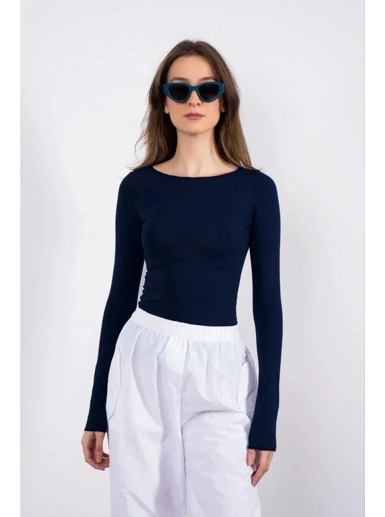 Kayık yaka uzun kollu bluz lacivert pt