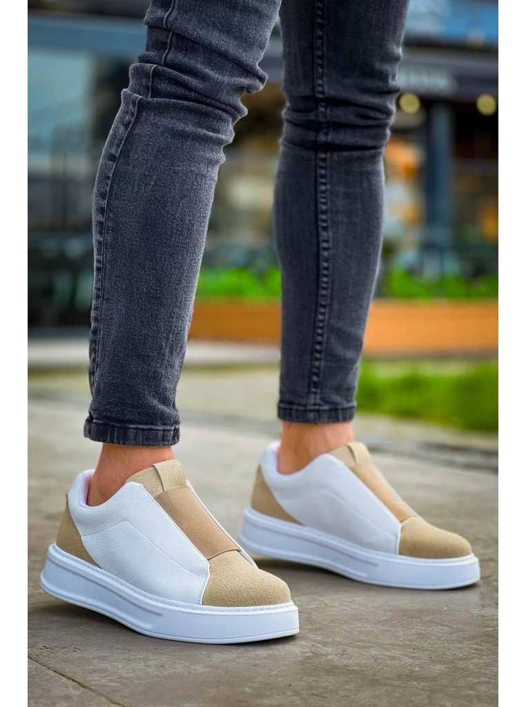 KB-007  Kuback  Beyaz Bej Yüksek Taban Tek Bant Bağcıksız Günlük Erkek Ayakkabı