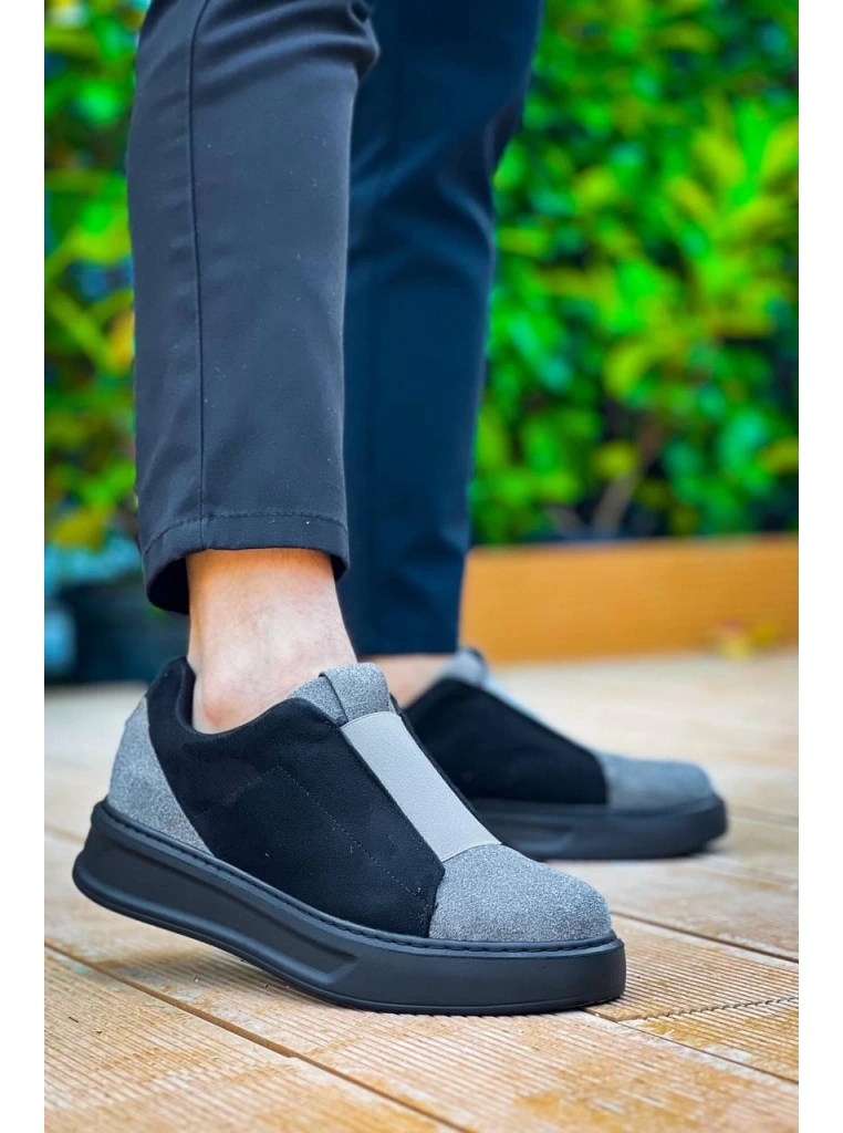 KB-007  Kuback Siyah Gri Siyah Yüksek Taban Tek Bant Bağcıksız Günlük Erkek