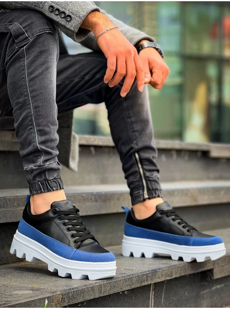 KB-056 Kuback Siyah Mavi Detaylı Beyaz Yüksek Taban Günlük Spor Ayakkabı
