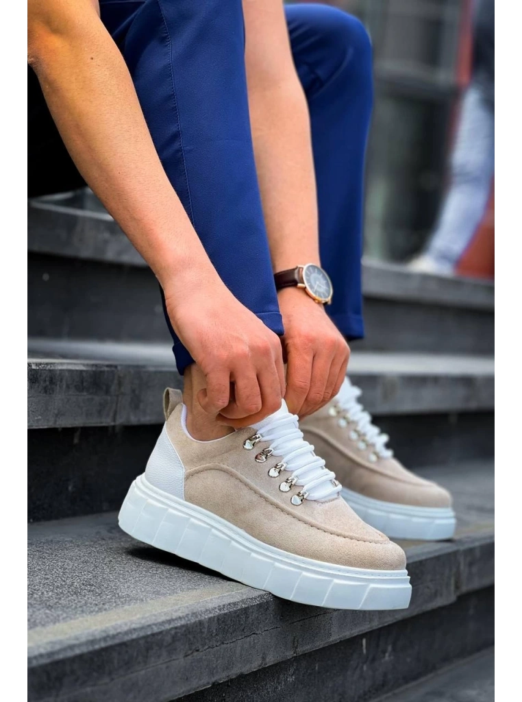 KB-X10 Kuback Bej Süet Beyaz Yüksek Taban Günlük Spor Ayakkabı