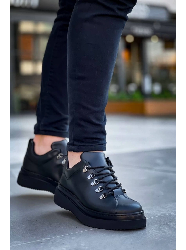 KB-X4  Kuback Siyah Cilt Siyah Yüksek Taban Bağcıklı Günlük Erkek Ayakkabı