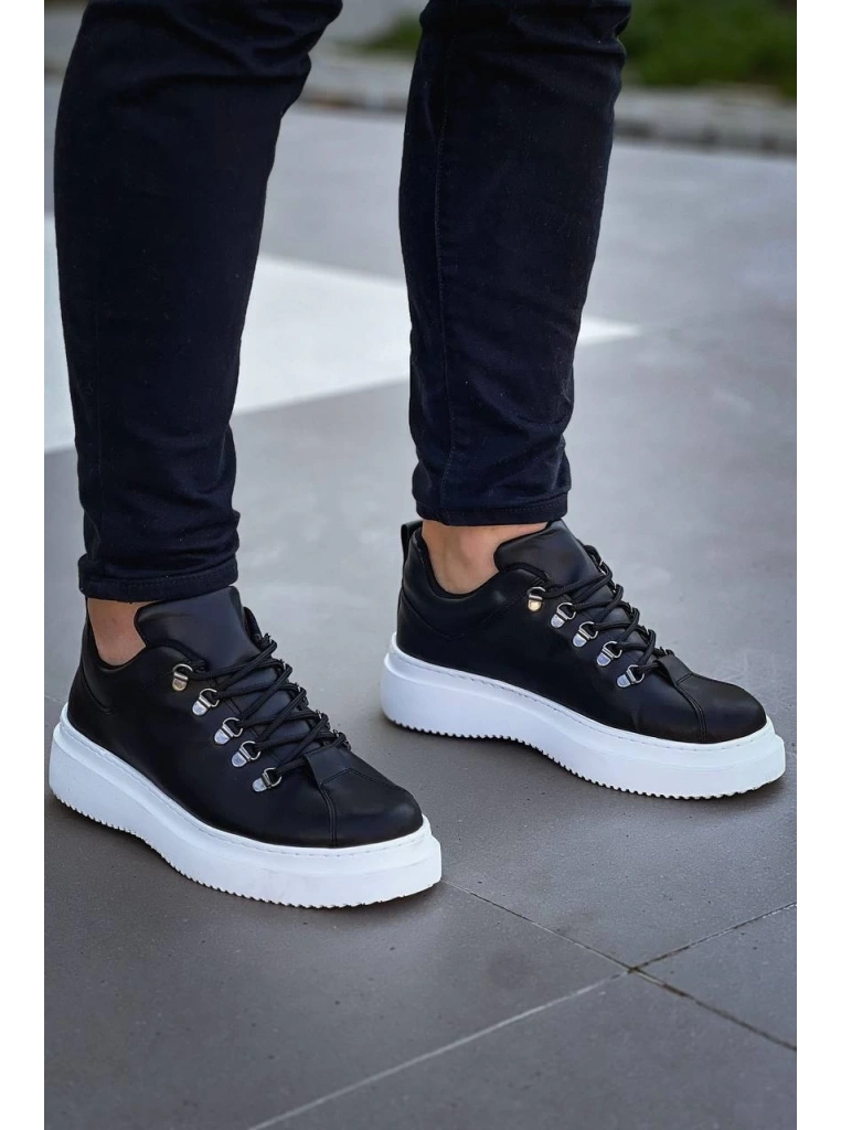 KB-X4  Kuback Siyah Cilt Yüksek Taban Bağcıklı Günlük Erkek Ayakkabı