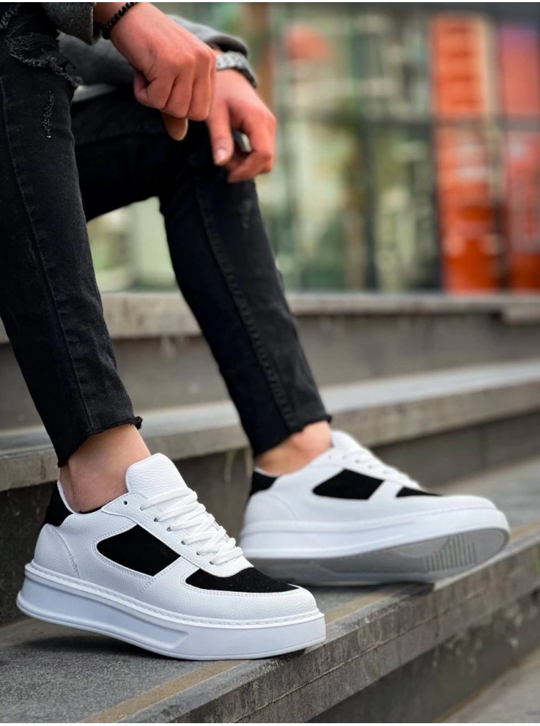 KB-X8 Kuback Beyaz Siyah Cilt Yüksek Taban Günlük Spor Ayakkabı