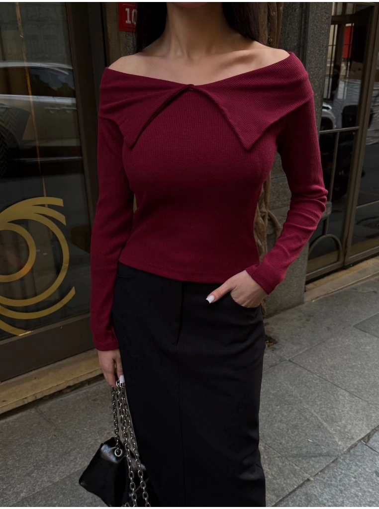 Kelebek yaka uzun kol bluz bordo