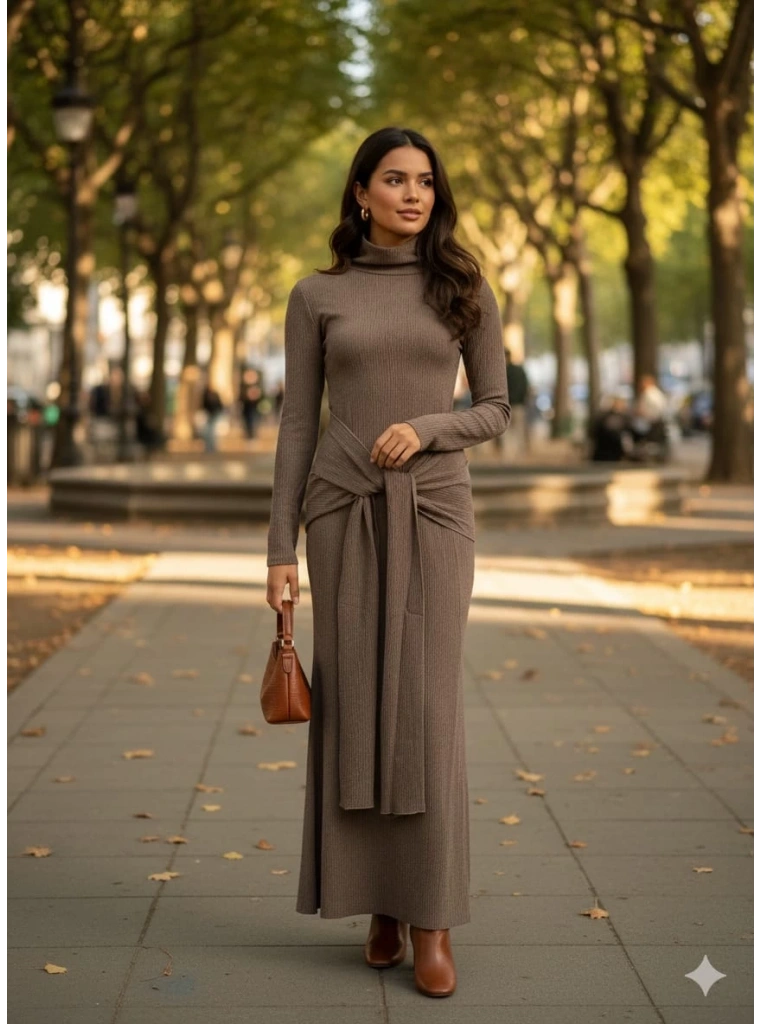 Kendinden kemerli uzun elbise vizon