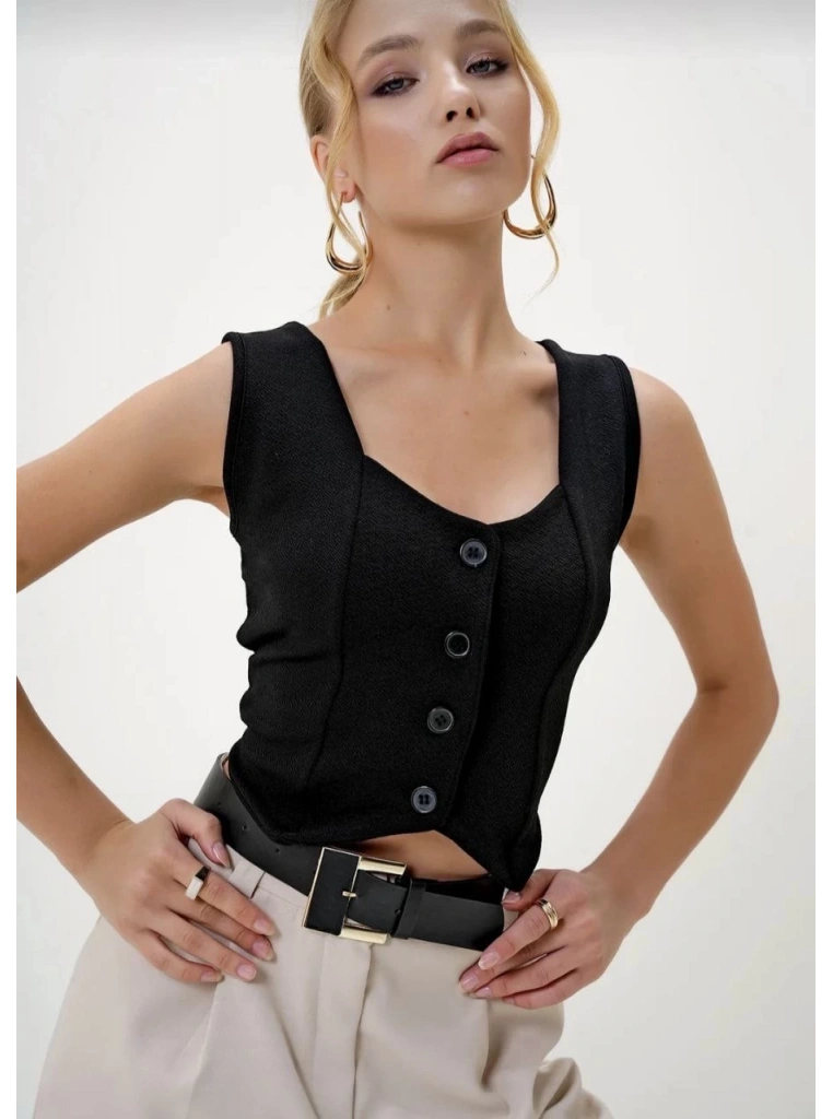 Krep kumaş düğmeli yelek siyah s3395