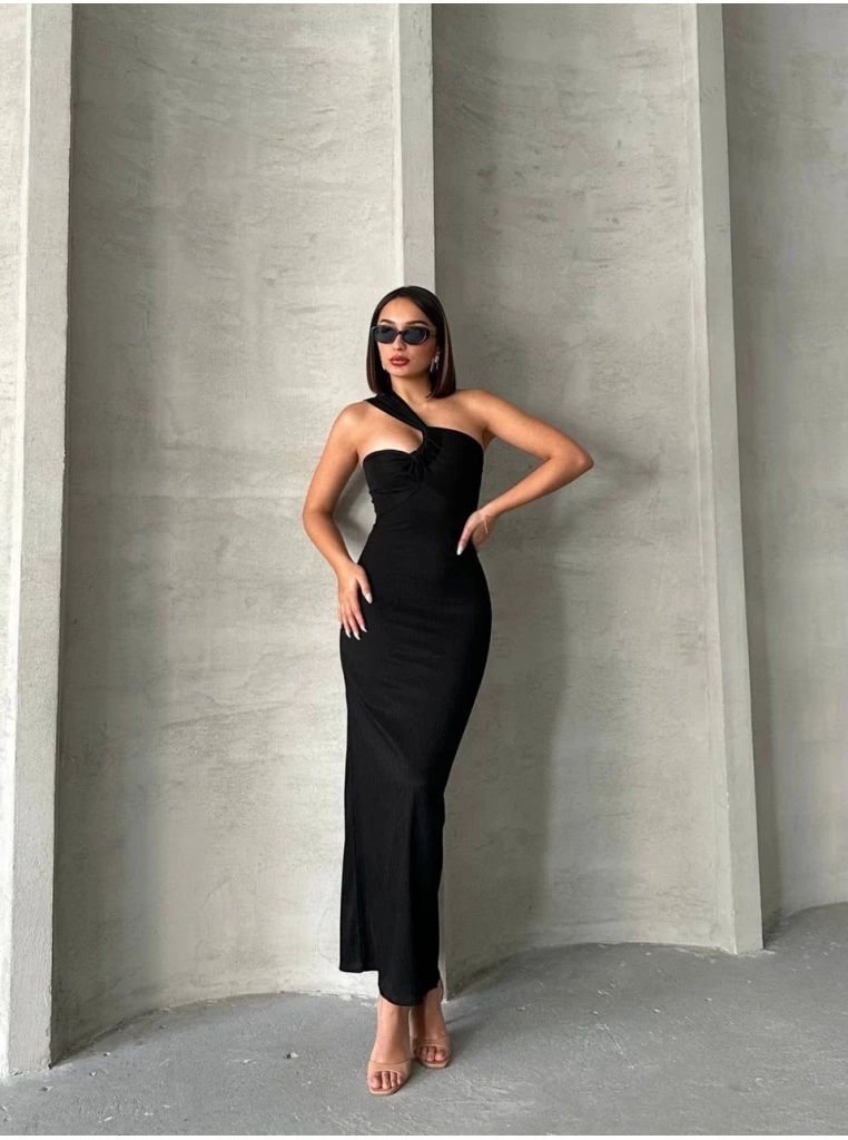 Krinkıl tek omuz uzun elbise siyah s25455