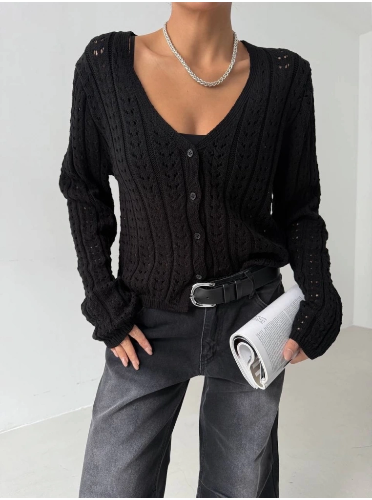 Küçük düğmeli küçük örgülü triko hırka siyah