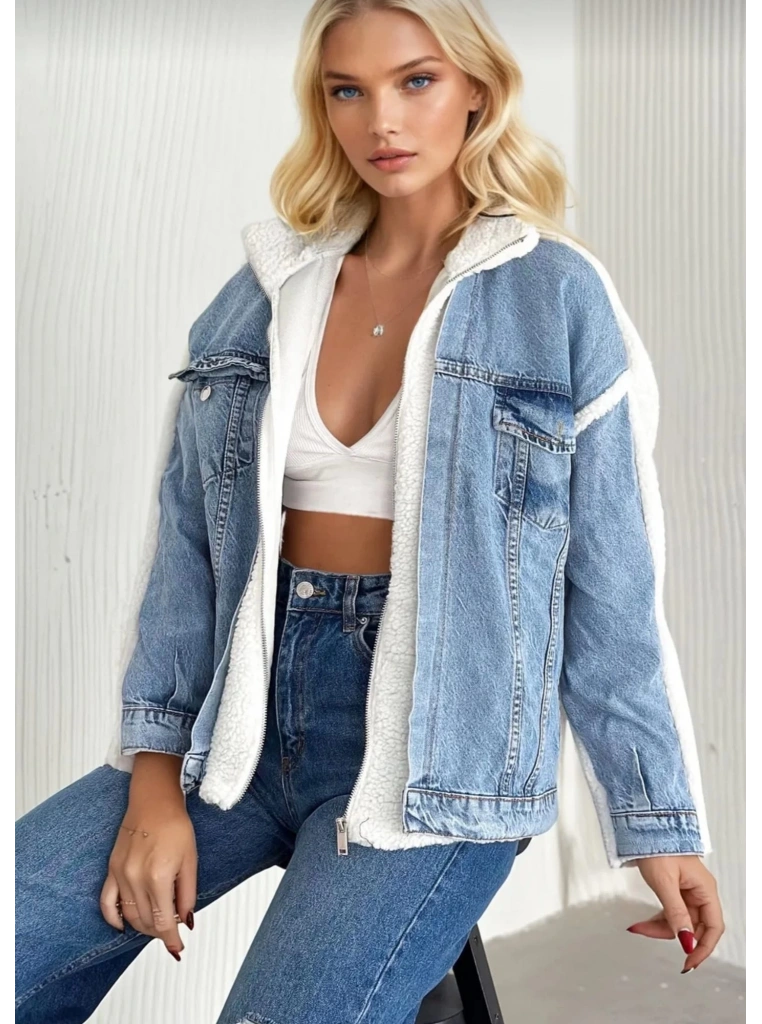 Kürklü kot ceket mavi t7009