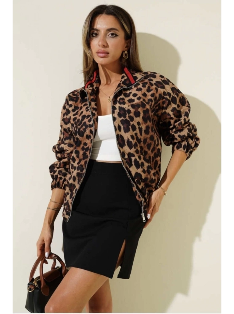 Leopar desenli astarlı ceket siyah t1192