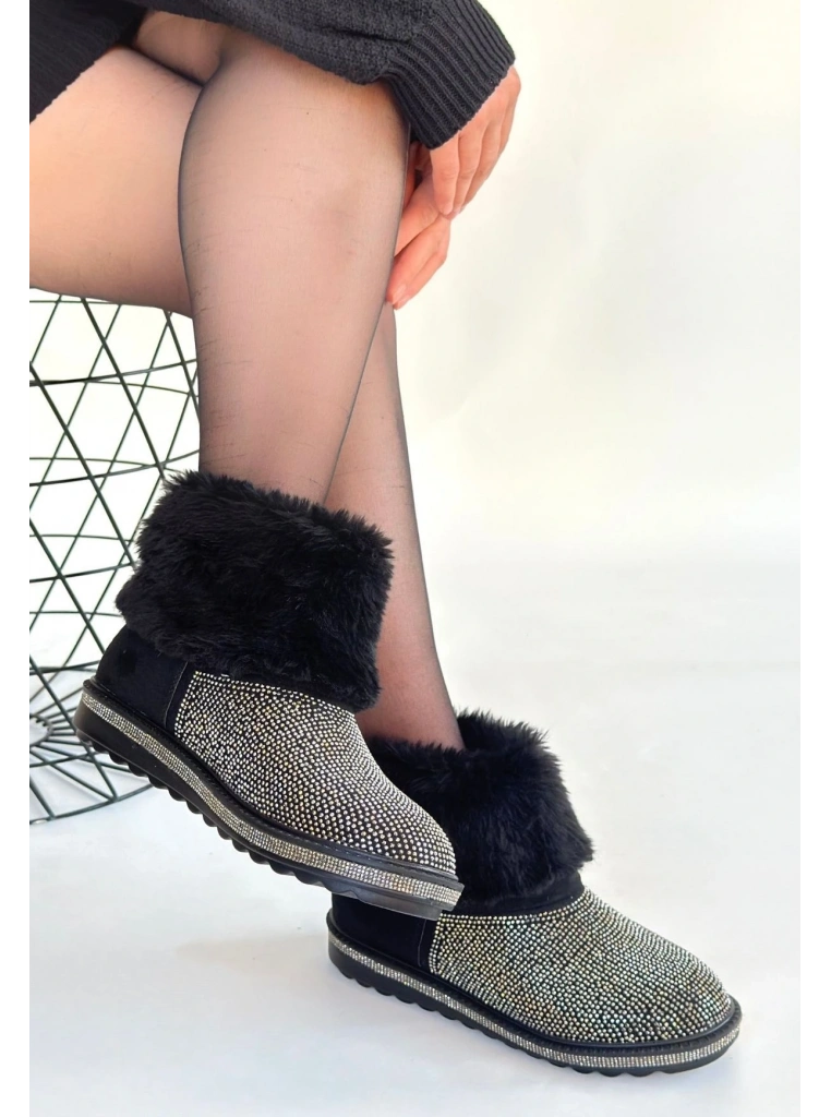 Linka Siyah Süet Gümüş Boncuk İşlemeli Bot