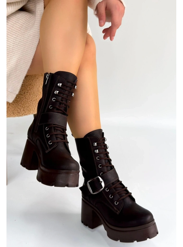 Linma Acı Kahve Cilt Bağcıklı Topuklu Bot