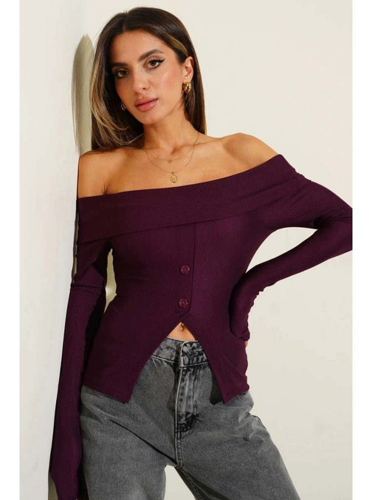 Madonna Yaka Düğmeli Bluz Mürdüm t4329