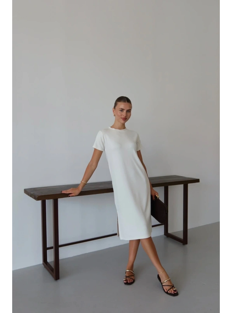 Modal yırtmaçlı elbise beyaz pt