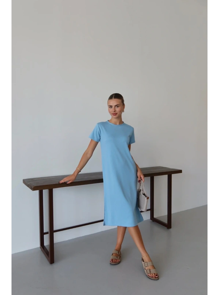 Modal yırtmaçlı elbise mavi pt