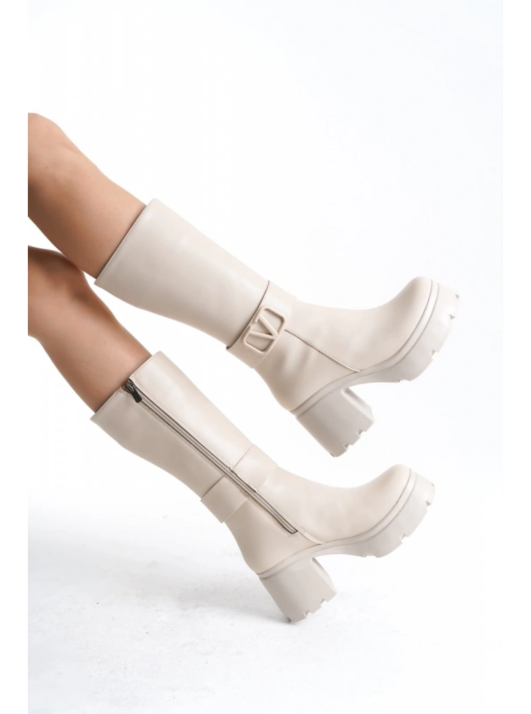 Moki Bej Cilt Topuklu Çizme