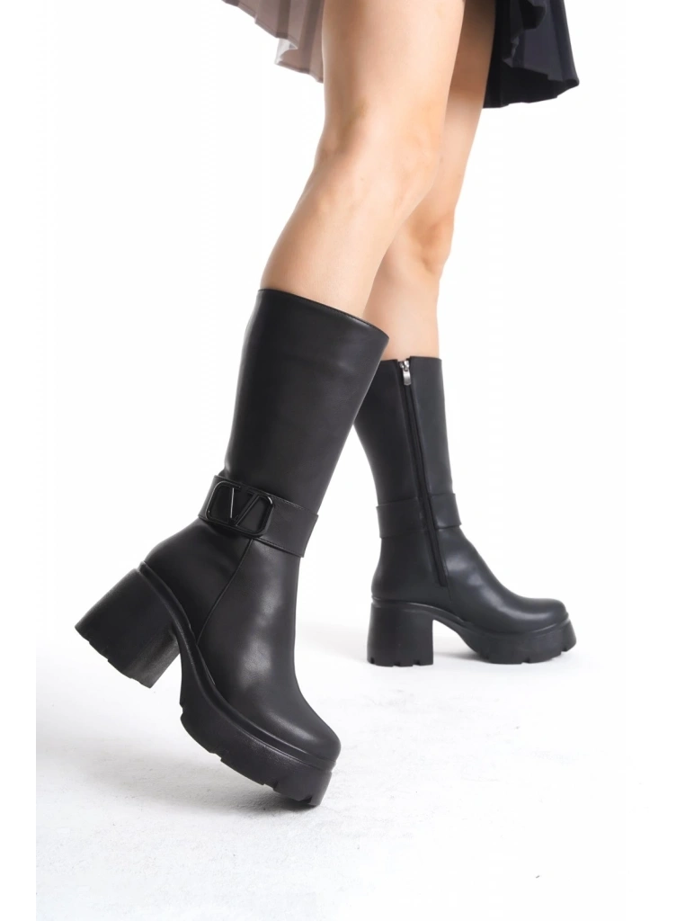 Moki Siyah Cilt Topuklu Çizme
