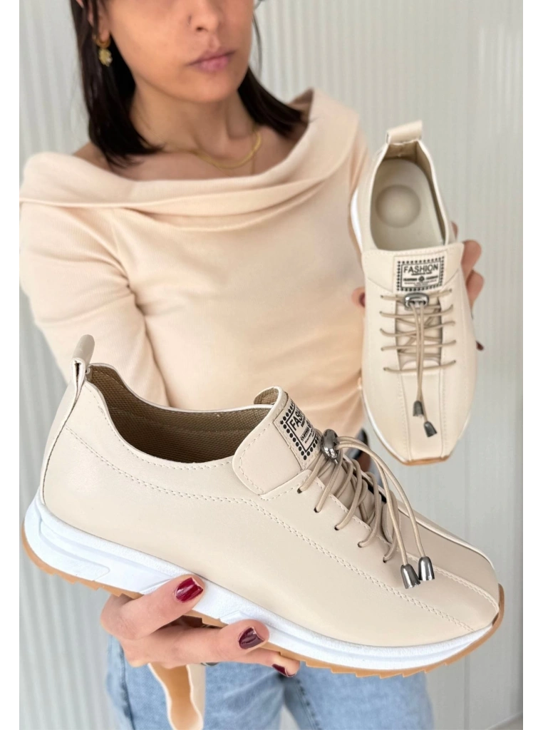 Monya Bej Cilt Bağcıklı Spor Ayakkabı