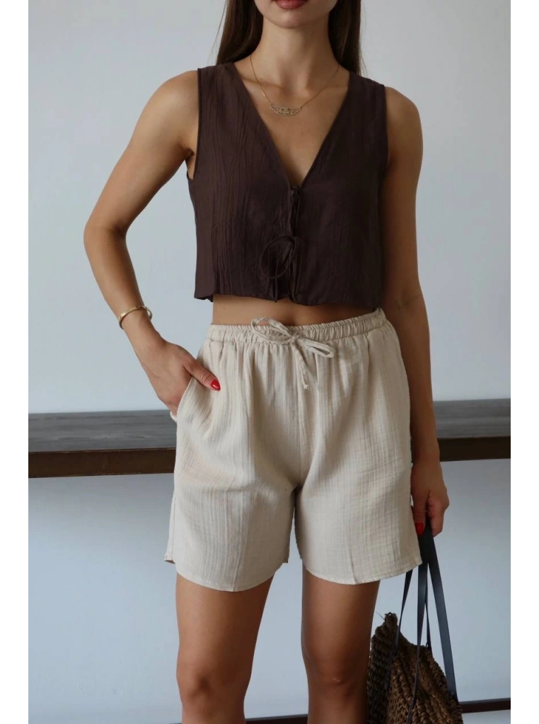 Müslin kumaş şort bağcıklı bej pt