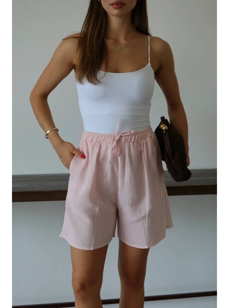 Müslin kumaş şort bağcıklı pembe pt
