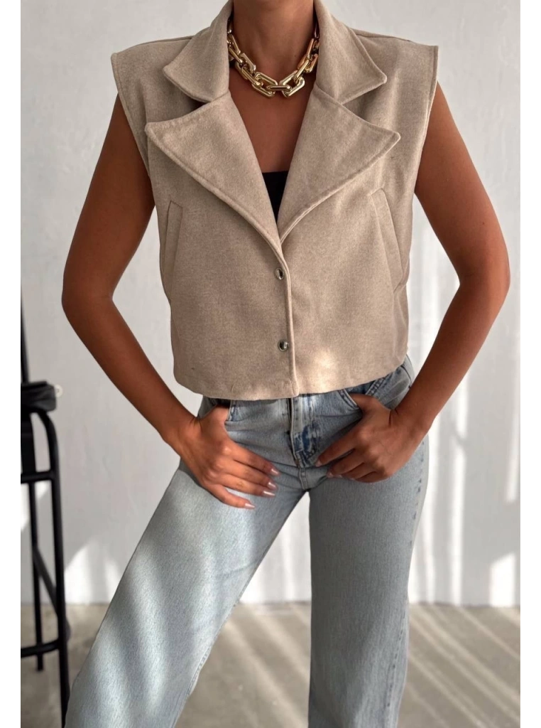 Önü çıtçıtlı cepli kaşe yelek bej f2253