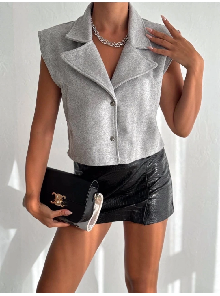 Önü çıtçıtlı cepli kaşe yelek gri f2253