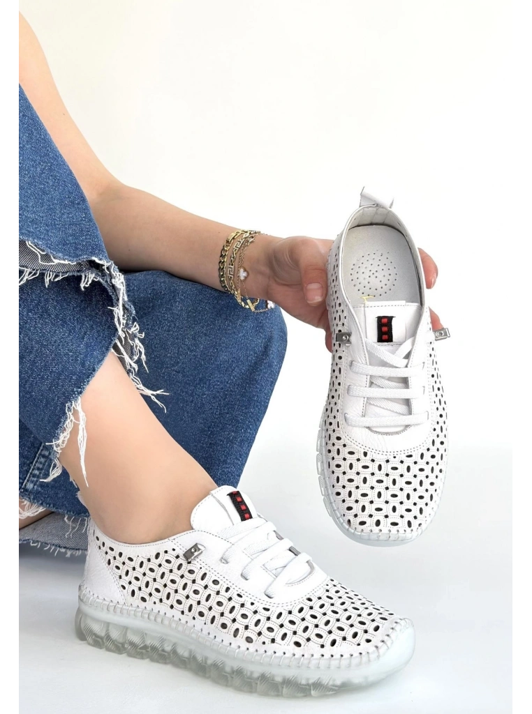 Otja Beyaz Deri Lazerli Bağcıklı Spor Ayakkabı